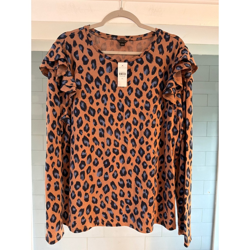 Ann Taylor Womens XL Leopard Print Ruffle Shoulder Long Sleeve Top Brown Navy